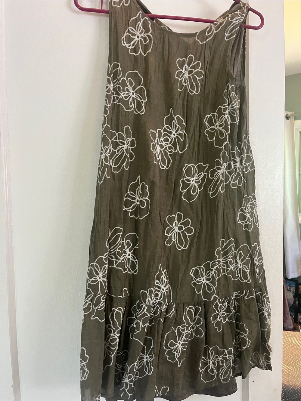 Sleeveless Olive Floral Embroidered Mini Dress